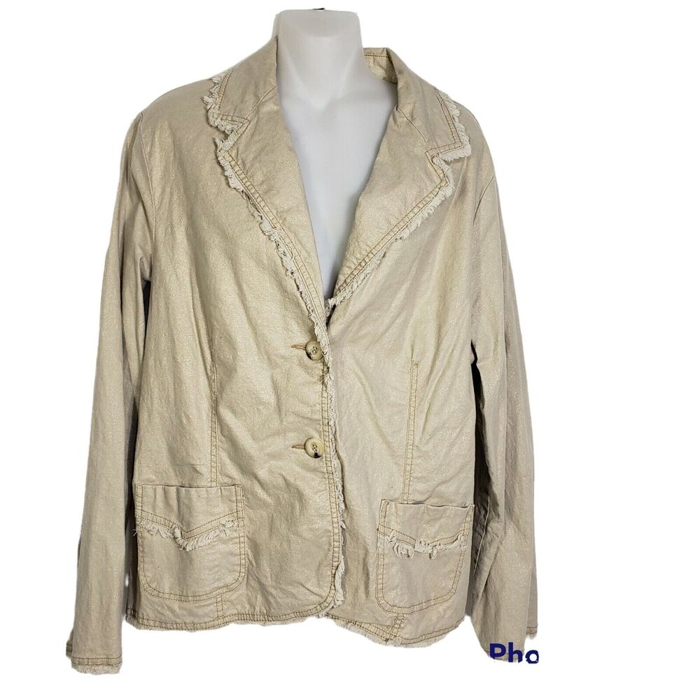 Avon Blazer Womens Size Large Beige Linen Blend Fringe Trim Pockets 2 Button